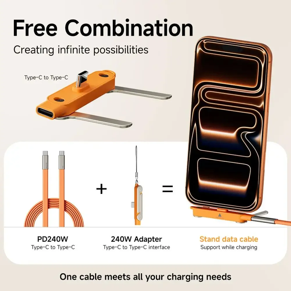Câble USB-C vers USB-C 240W en silicone liquide avec support de téléphone pliable en métal - Image 2
