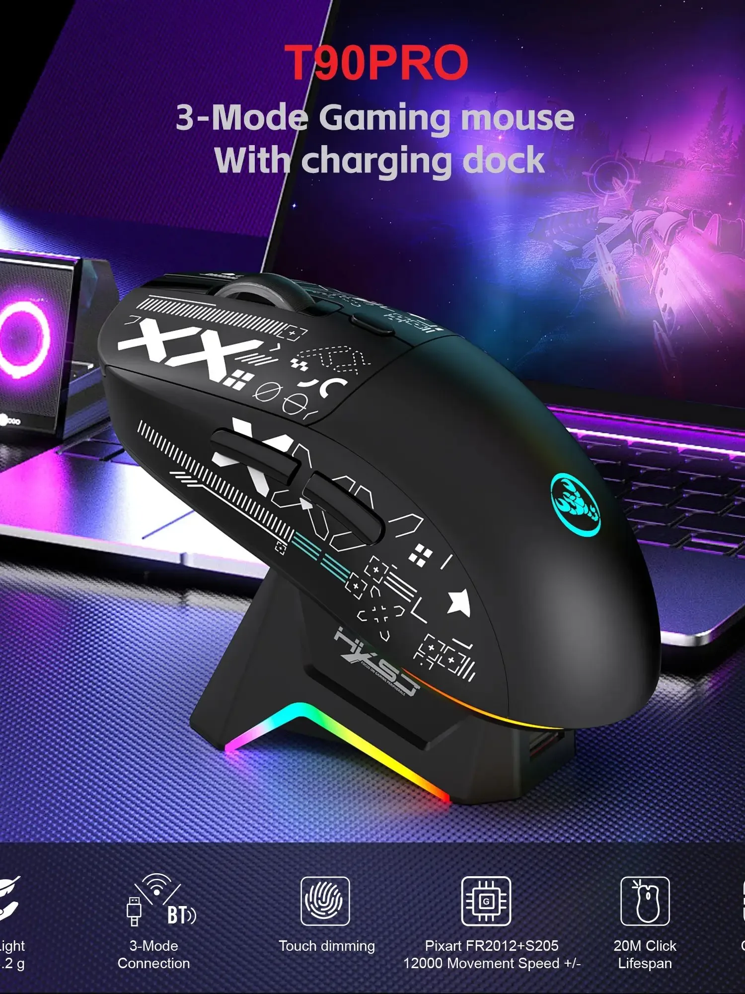 Souris Gamer Sans Fil HXSJ T90 Pro - Tri-mode avec Station de Charge et Éclairage RGB - Image 2