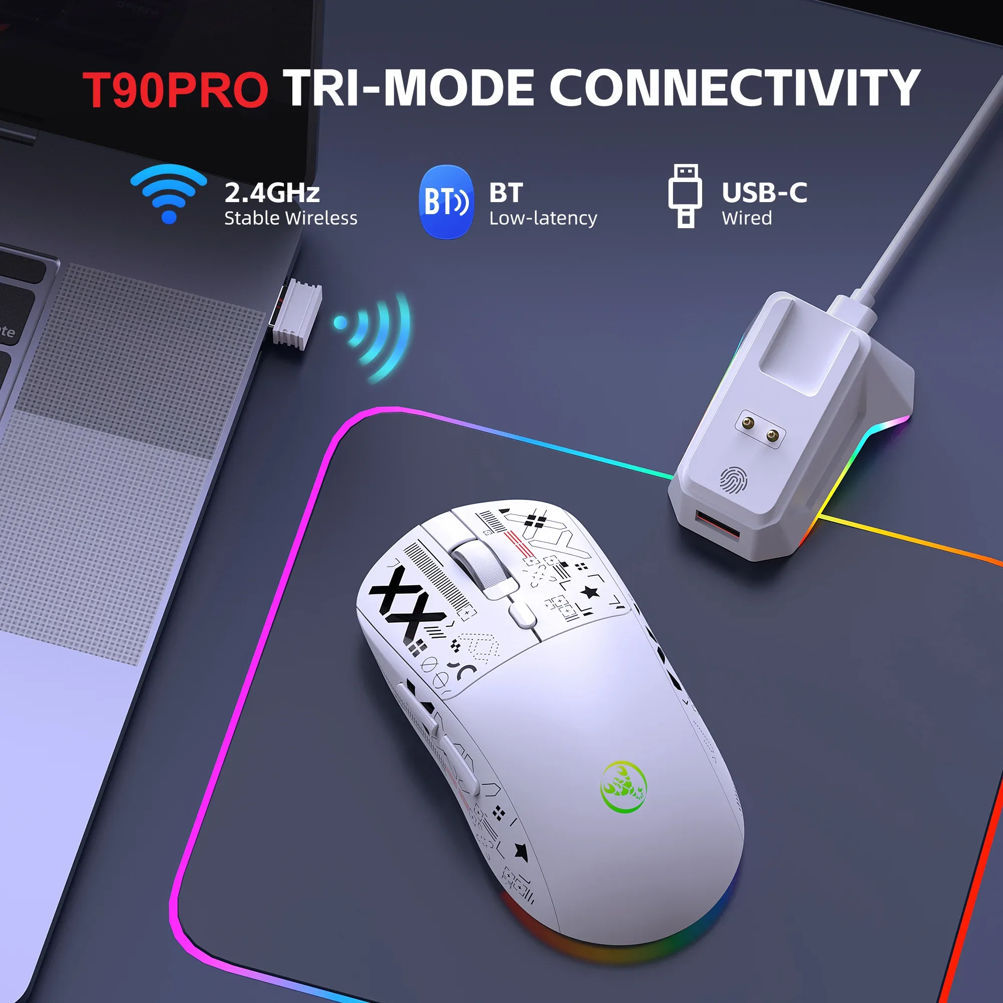 Souris Gamer Sans Fil HXSJ T90 Pro - Tri-mode avec Station de Charge et Éclairage RGB - Image 4