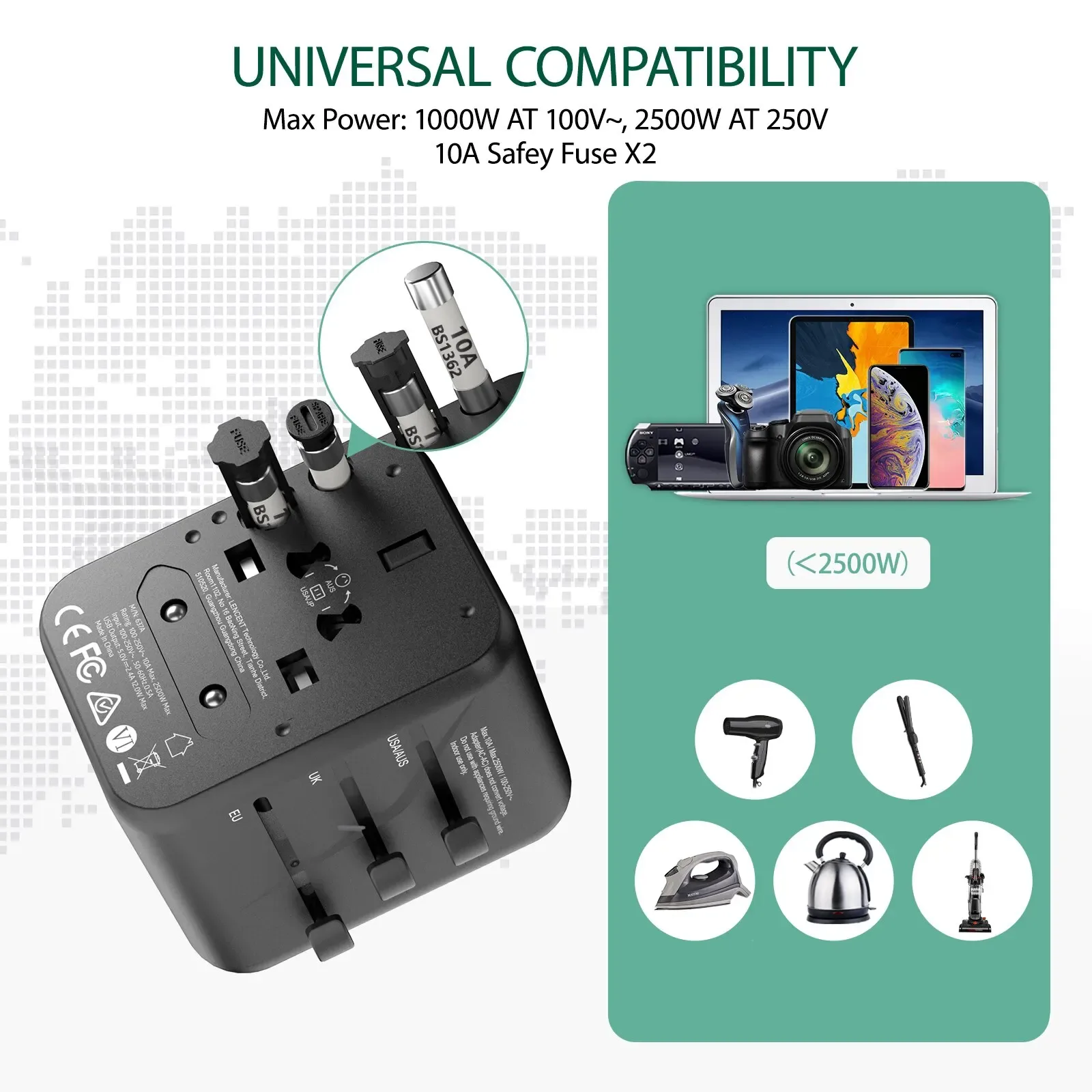 LENCENT Adaptateur de Voyage Universel avec 2 Ports USB - Prises EU, UK, USA, AUS - Image 5