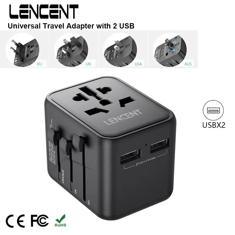 LENCENT Adaptateur de Voyage Universel avec 2 Ports USB - Prises EU, UK, USA, AUS - Image 1