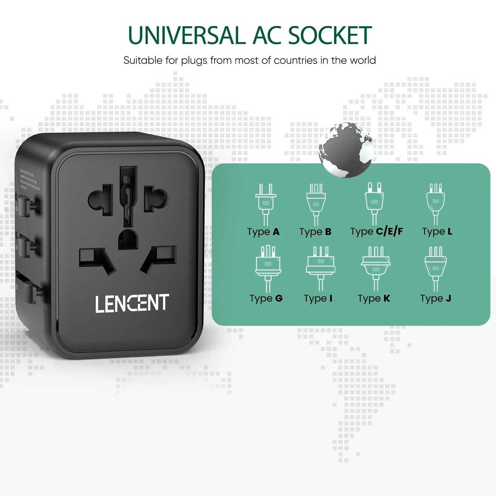 LENCENT Adaptateur de Voyage Universel avec 2 Ports USB - Prises EU, UK, USA, AUS - Image 4