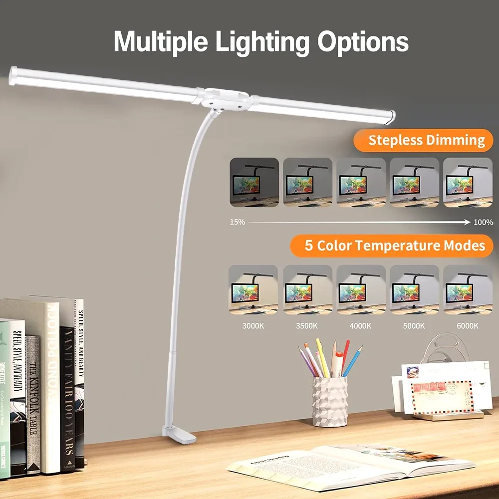 Lampe de bureau LED à double tête avec pince, bras articulé et intensité réglable - Image 2