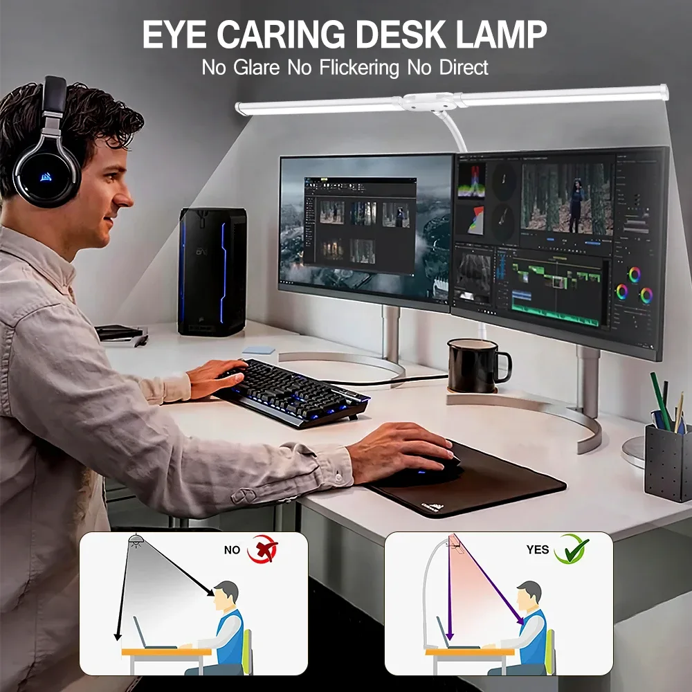 Lampe de bureau LED à double tête avec pince, bras articulé et intensité réglable - Image 3