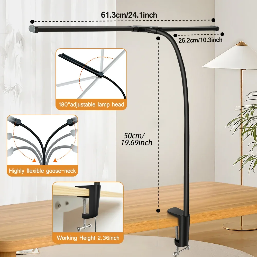 Lampe de bureau LED à double tête avec pince, bras articulé et intensité réglable - Image 6