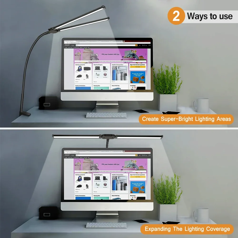 Lampe de bureau LED à double tête avec pince, bras articulé et intensité réglable - Image 5
