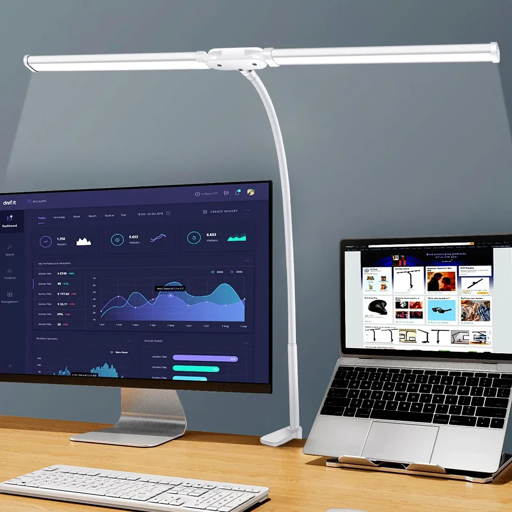 Lampe de bureau LED à double tête avec pince, bras articulé et intensité réglable - Image 1