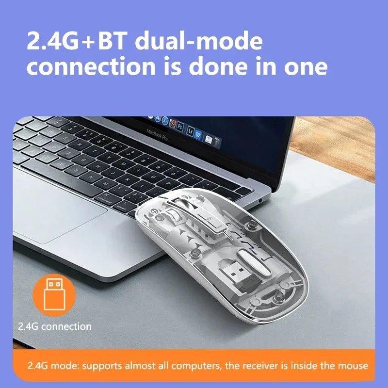 Souris sans fil transparente rechargeable, Bluetooth et 2,4 GHz, silencieuse - Image 2