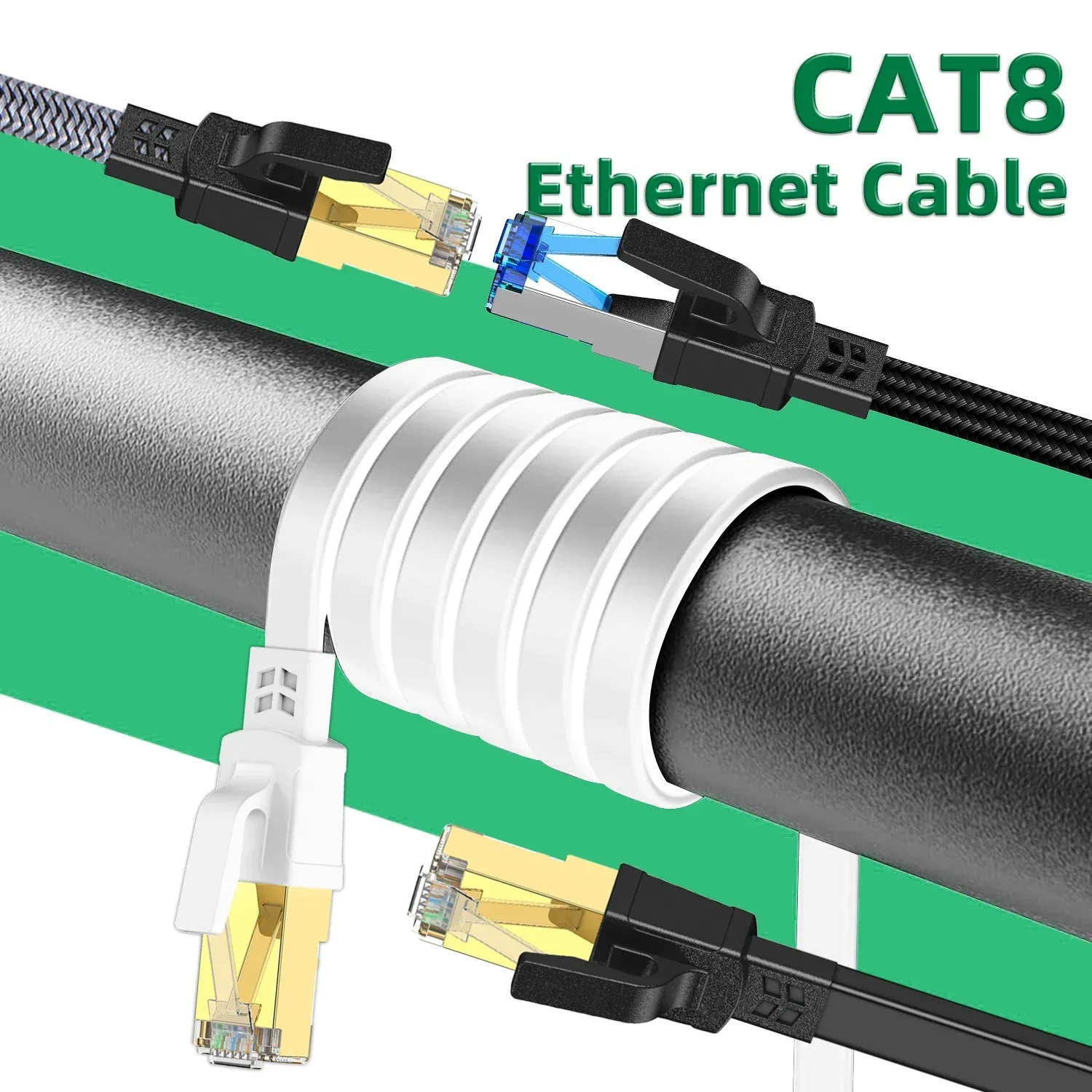 Câble Ethernet Cat8 Plat Haute Vitesse 40 Gbps - RJ45, Blanc - Image 6