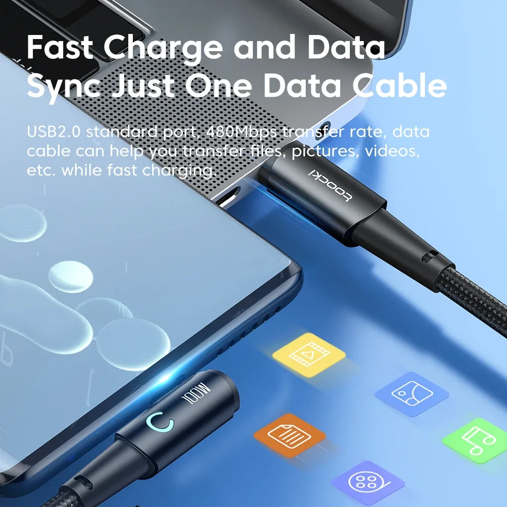 Câble USB-C vers USB-C Toocki 100W PD - Charge Rapide - Connecteur coudé à 90° - Image 4