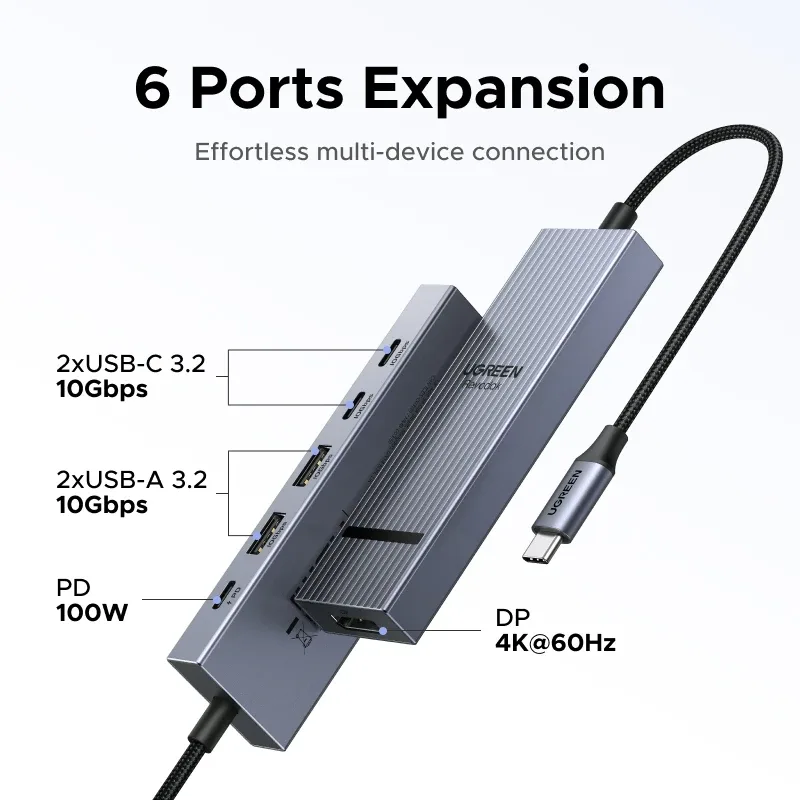 UGREEN Hub USB-C vers DisplayPort 4K@60Hz, Ports USB-A/C 10Gbps, Charge PD 100W - Image 2