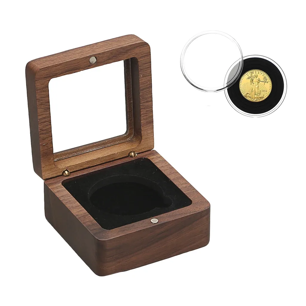 Écrin de présentation en bois pour pièce de collection (30/35/40 mm) avec capsule et intérieur en velours - Image 4