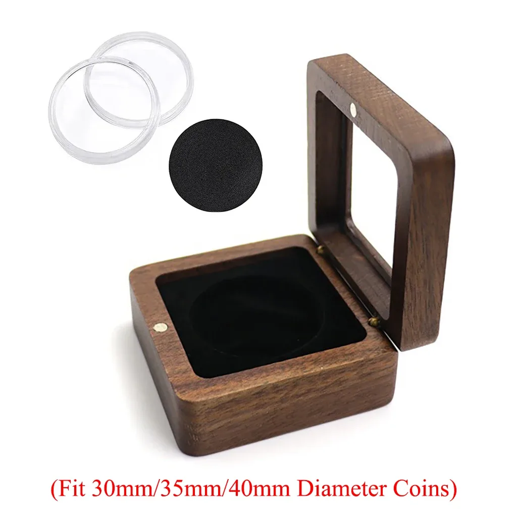 Écrin de présentation en bois pour pièce de collection (30/35/40 mm) avec capsule et intérieur en velours - Image 3