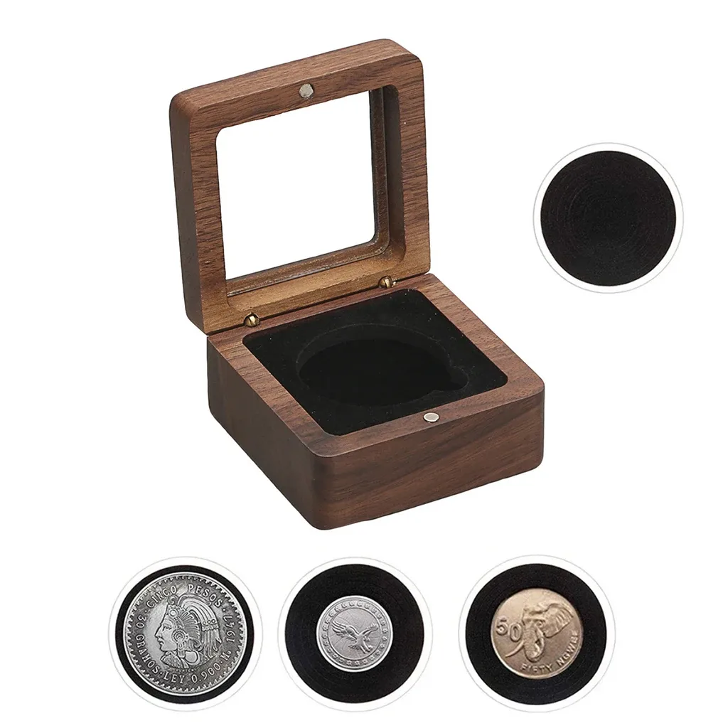 Écrin de présentation en bois pour pièce de collection (30/35/40 mm) avec capsule et intérieur en velours - Image 1