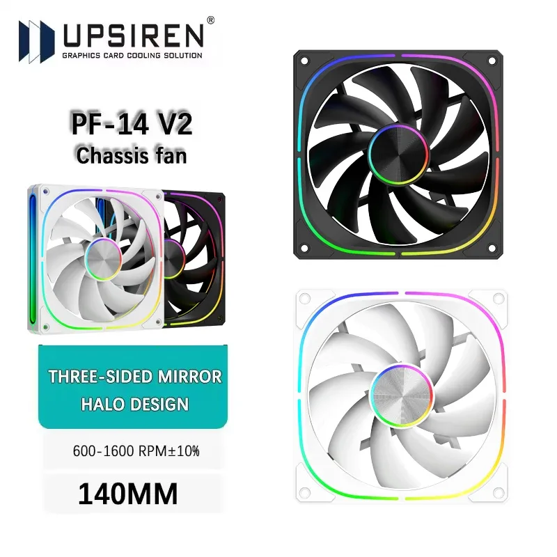 UPSIREN PF-14 V2 Ventilateur de Boîtier 140mm ARGB, 600-1600 tr/min, Roulement Hydraulique, PWM 4 Broches, ARGB 3 Broches 5V, 9 Pales, Effet Prisme Halo - Image 1
