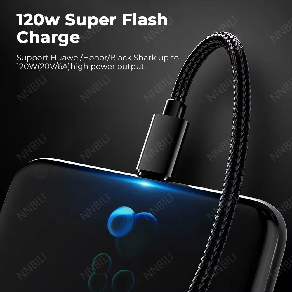 Câble USB Type-C NNBILI 120W/66W 6A en nylon tressé - Charge rapide pour Samsung, Huawei et Honor - Image 5