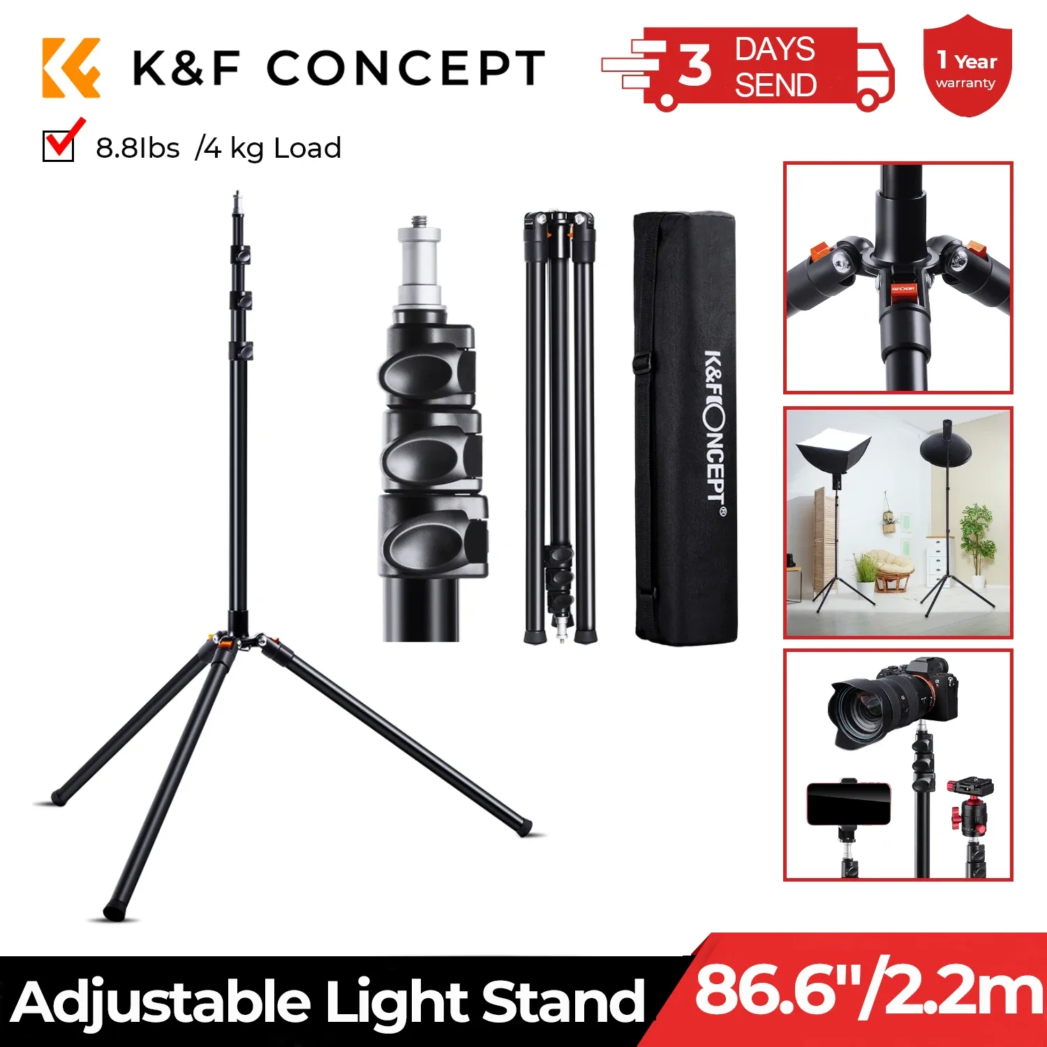 Support d'éclairage en aluminium K&F Concept 2,3 m pour boîtes à lumière, parapluies et fonds - Image 1