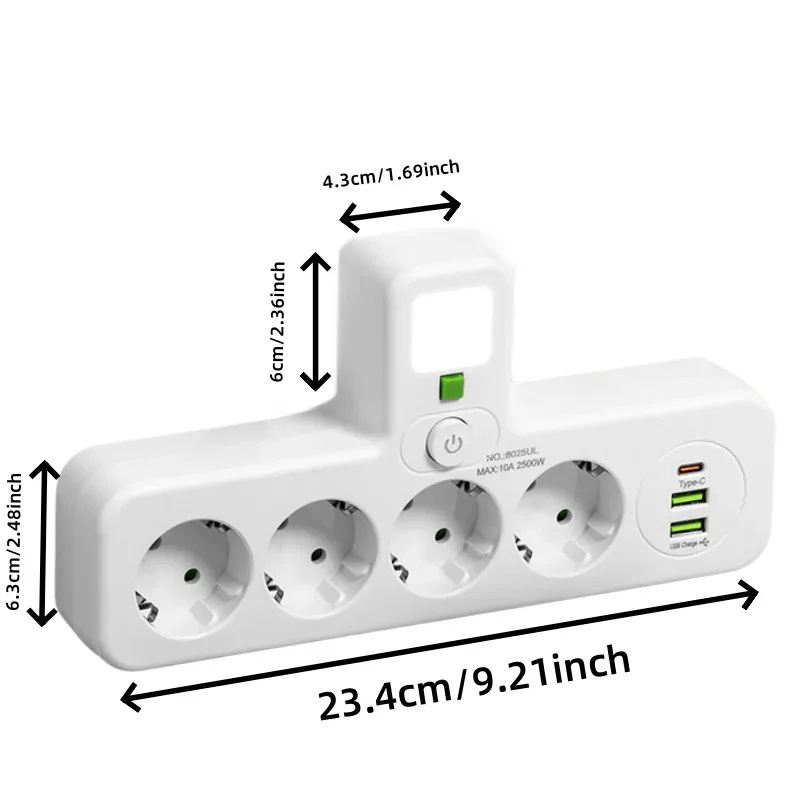Multiprise murale avec ports USB et interrupteurs individuels 6