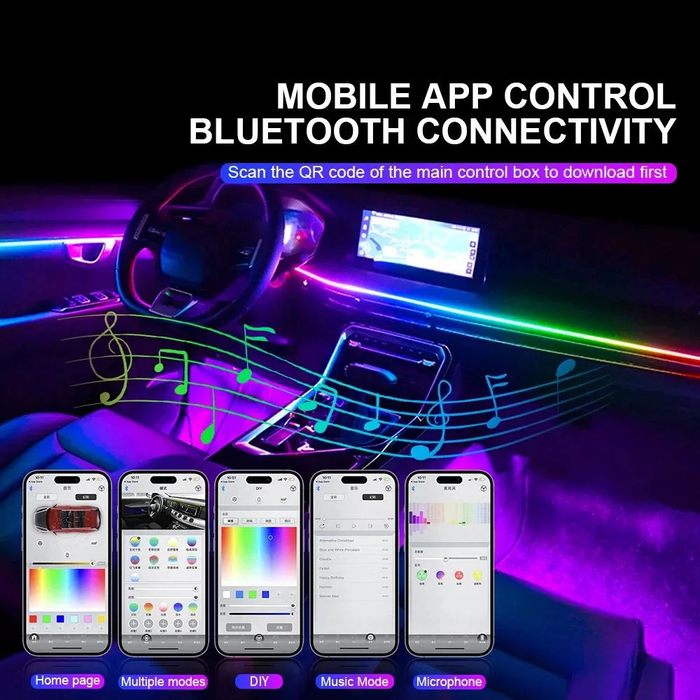 Kit d'Éclairage d'Ambiance LED Acrylique RGB pour Voiture - Contrôle Bluetooth et Application - 64 Couleurs - Image 5