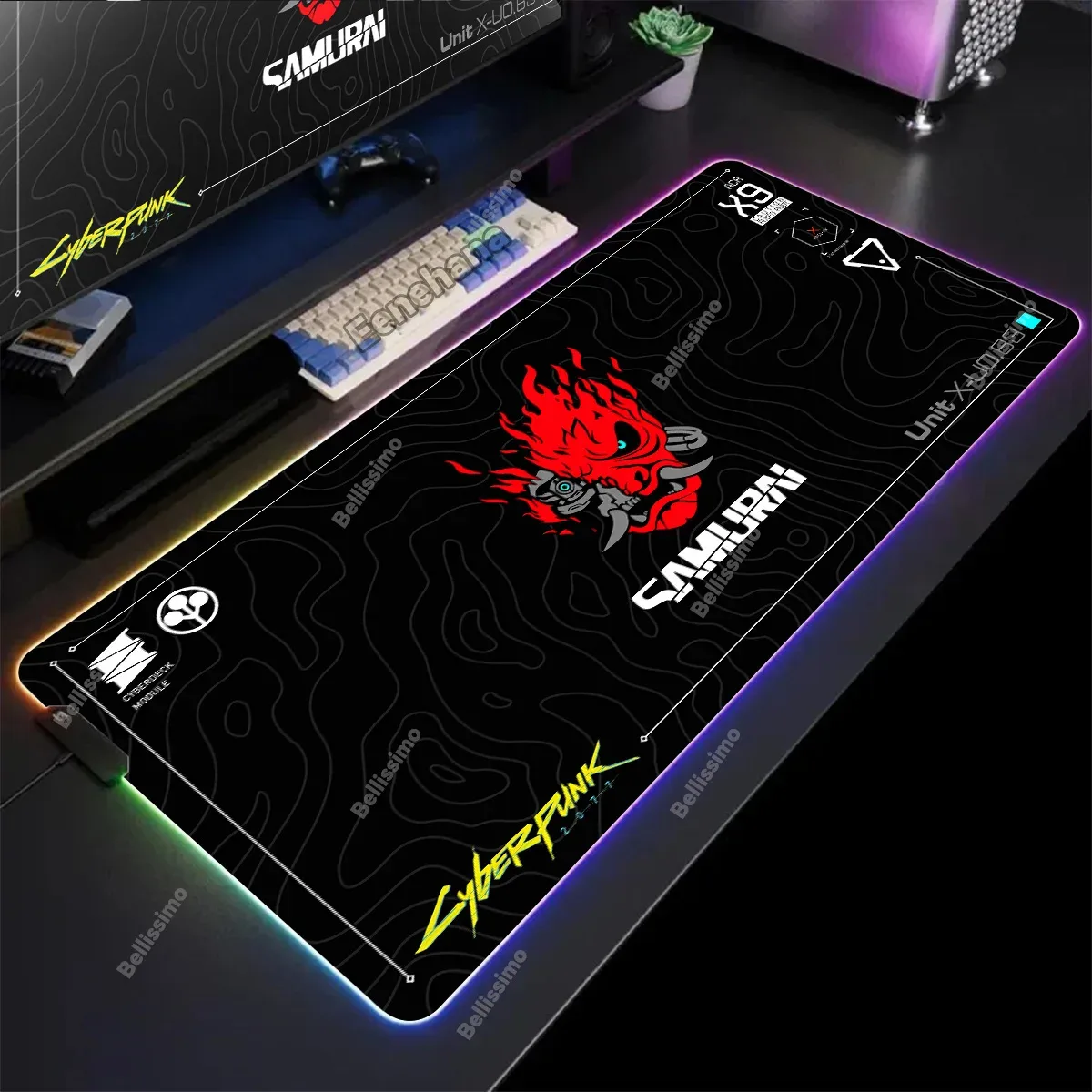 Tapis de souris Gaming XXL RGB Cyberpunk - Design Ghost - Rétroéclairé - Image 1