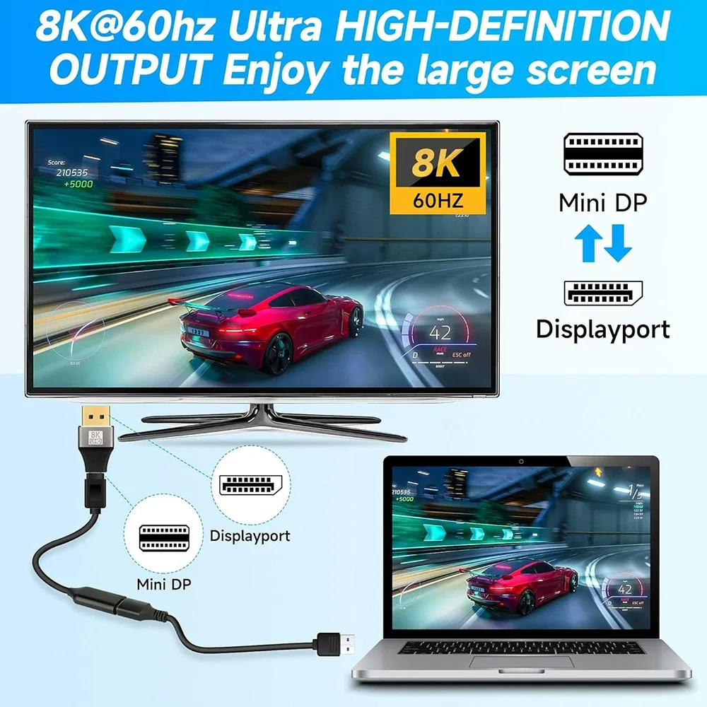 Adaptateur Mini DisplayPort vers DisplayPort 8K 60Hz (DP 1.4) - Bidirectionnel - Image 3