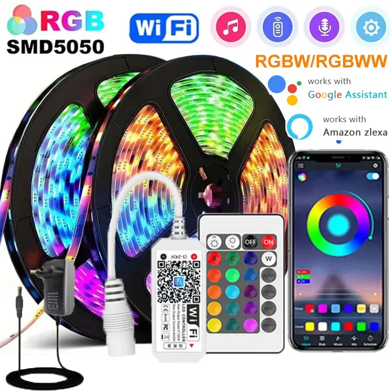 Ruban LED RGBWW Wi-Fi 5050 avec contrôle via application, compatible Alexa et Google Home