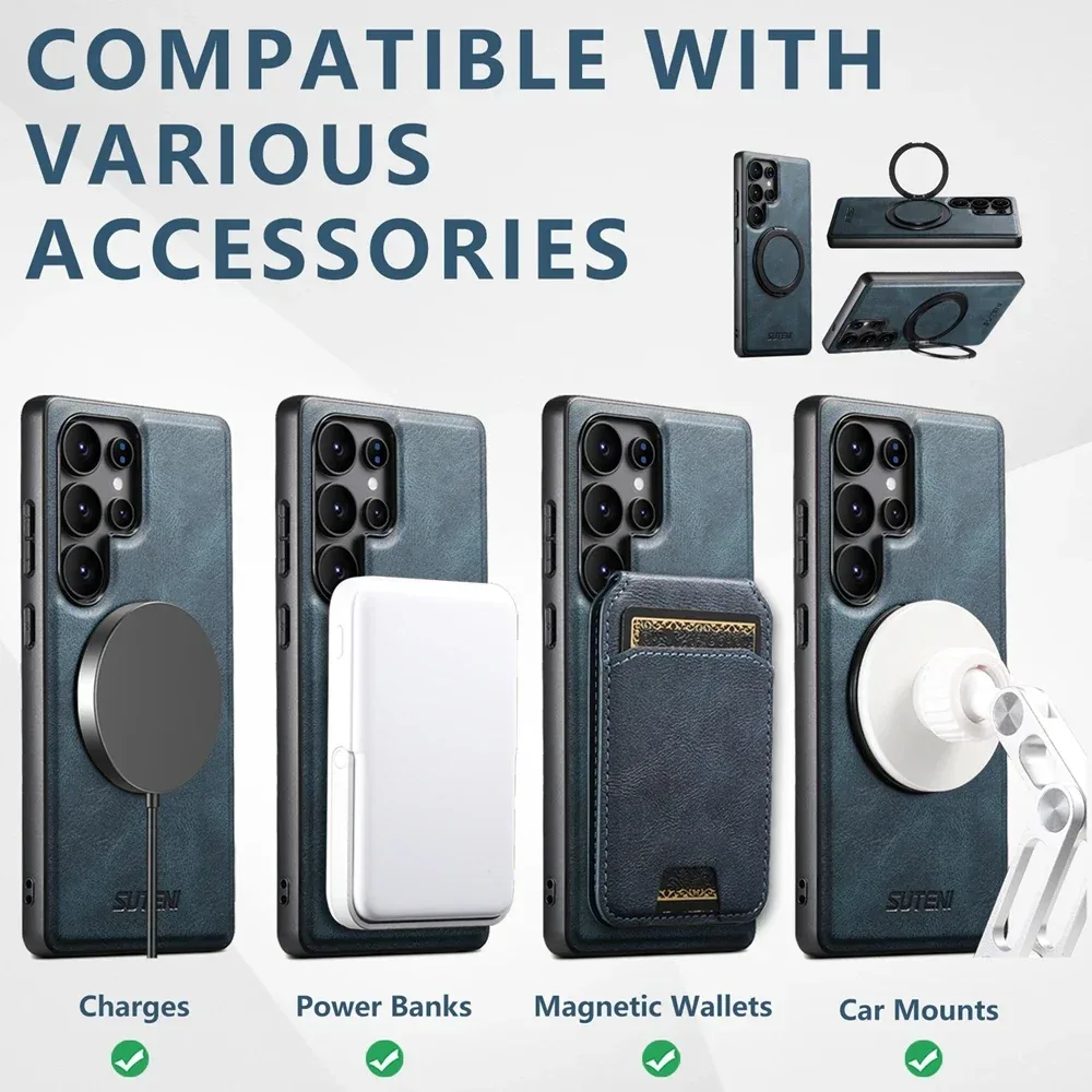 Coque en cuir avec anneau de support compatible MagSafe pour Samsung Galaxy S22/S23/S24/S25 Ultra - Image 2