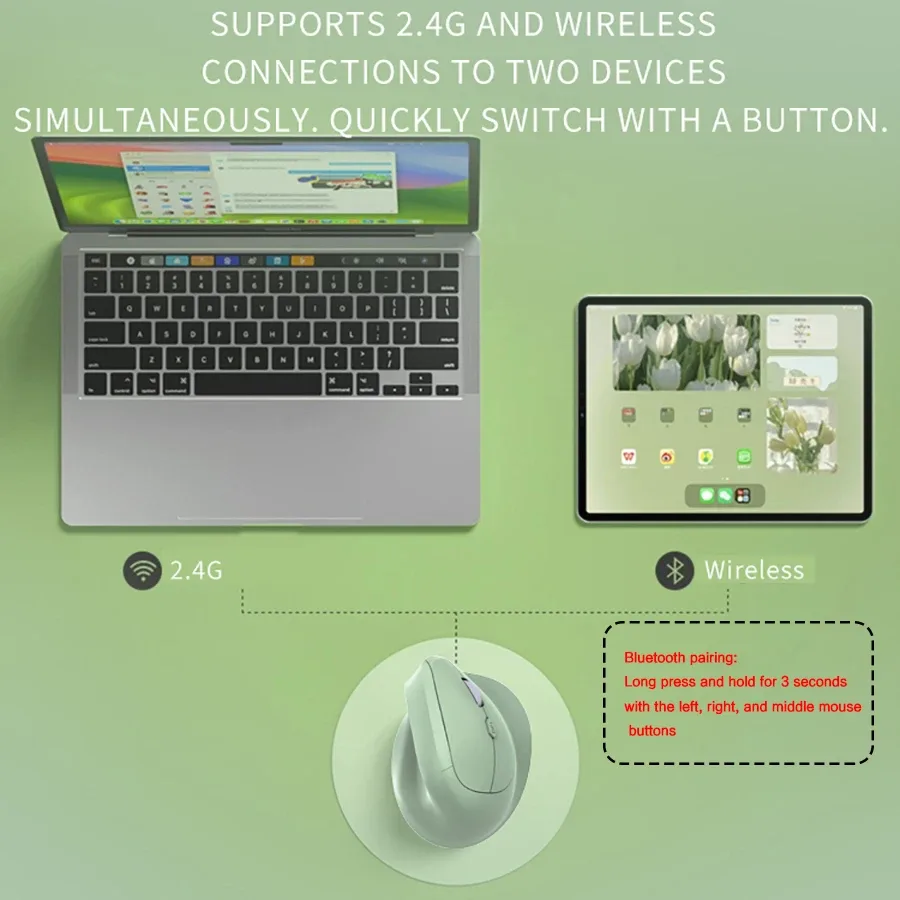 Souris ergonomique verticale sans fil Bluetooth 5.0 & 2.4G, rechargeable, 1600 DPI, clics silencieux - Image 2