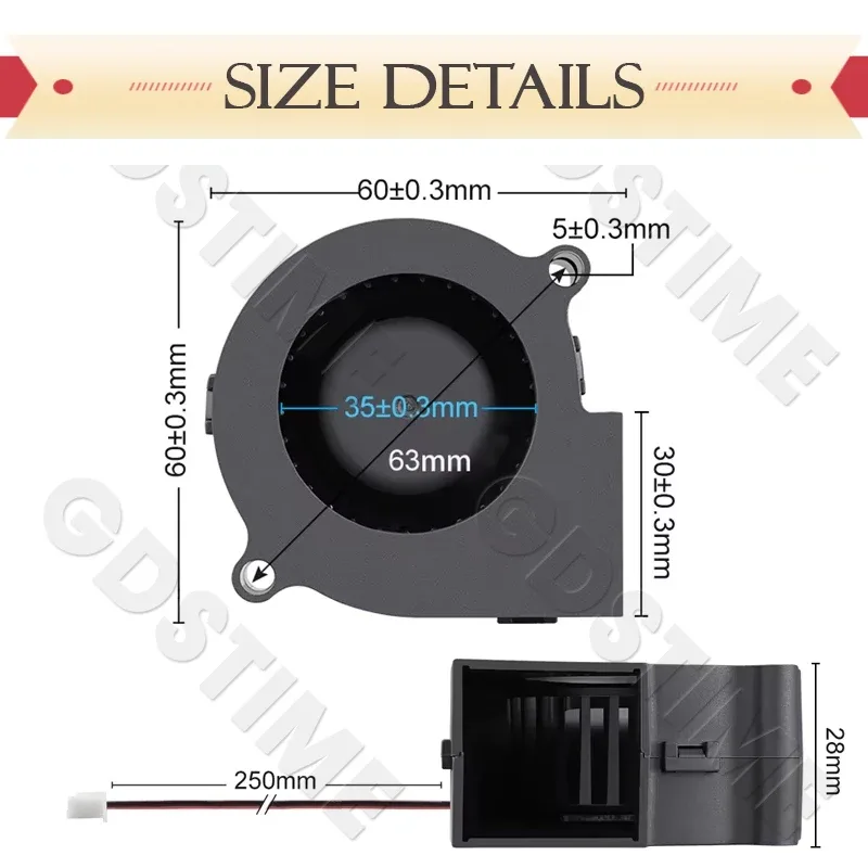 Ventilateur Soufflant Centrifuge Gdstime 6028 (60x28mm), DC 12V/24V, Double Roulement à Billes, 2 Broches - Image 5