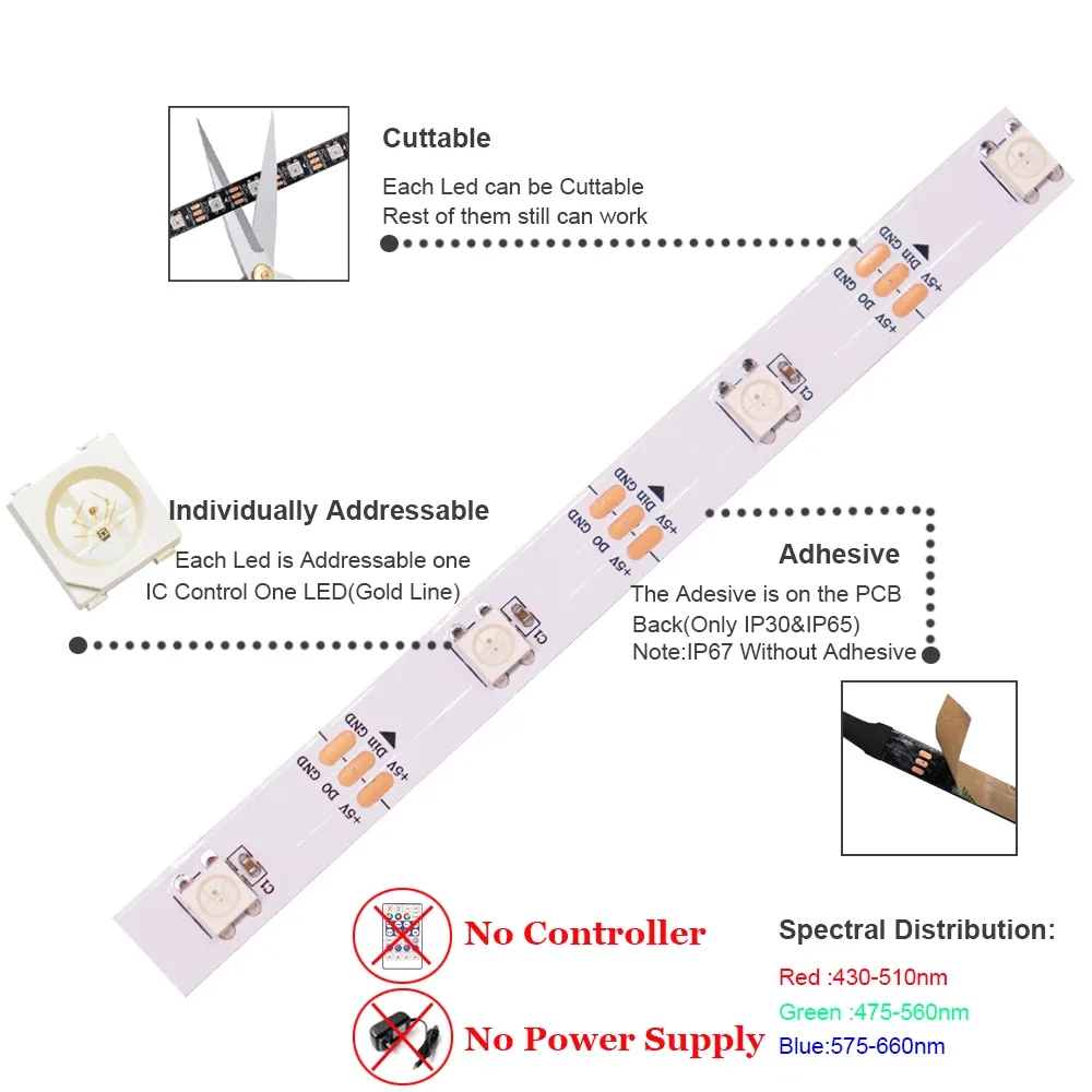 Ruban LED WS2812B RGBIC Adressable Individuellement 5V - 30/60/74/96/144 LEDs/m - Image 5