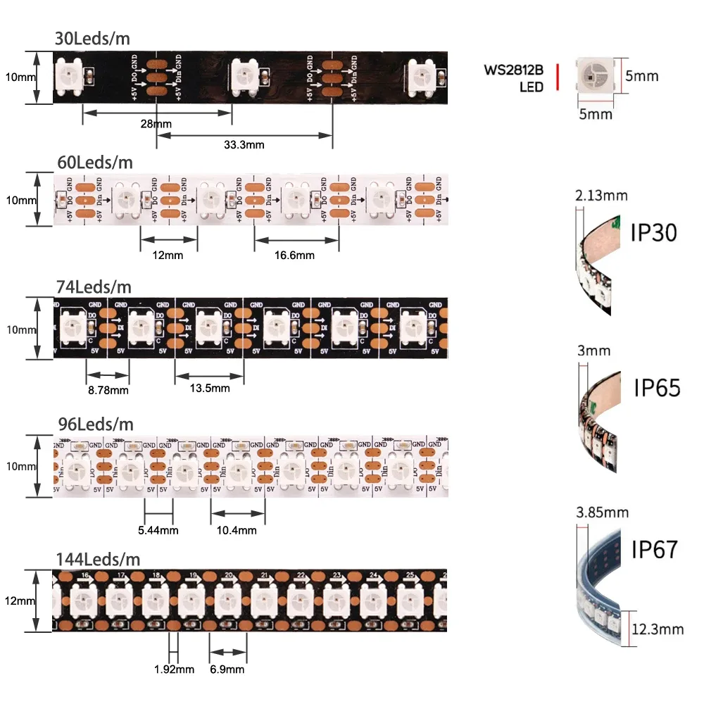 Ruban LED WS2812B RGBIC Adressable Individuellement 5V - 30/60/74/96/144 LEDs/m - Image 2