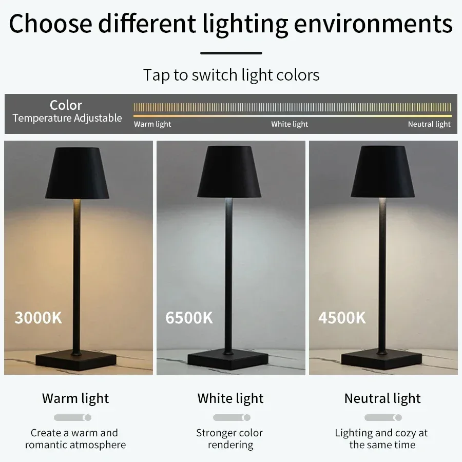 Lampe de table LED rechargeable USB à commande tactile - 3 couleurs - Image 4