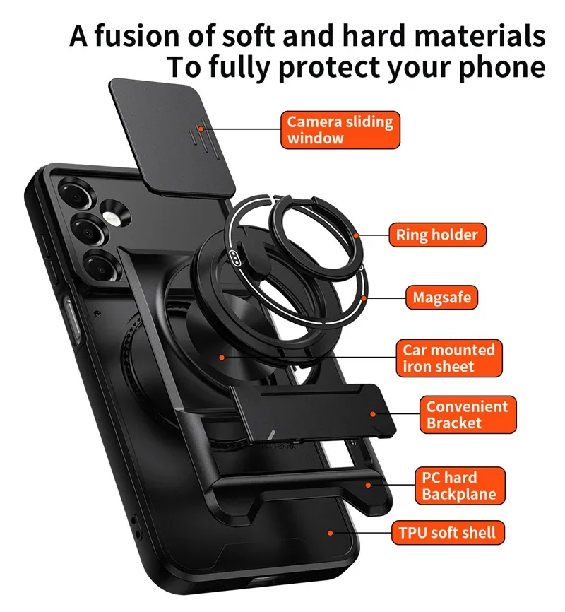 Coque de protection pour Samsung Galaxy S26, S25, S24, S23, S22 (Ultra, Plus, FE) avec support magnétique, anneau et protection d'objectif - Image 5