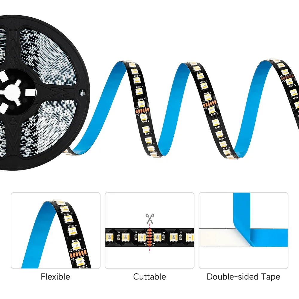 Ruban LED 5050 RGBCCT 5-en-1 (12V/24V) - 5m, 96 LED/m, 2700K-6500K, PCB Noir ou Blanc - Image 6