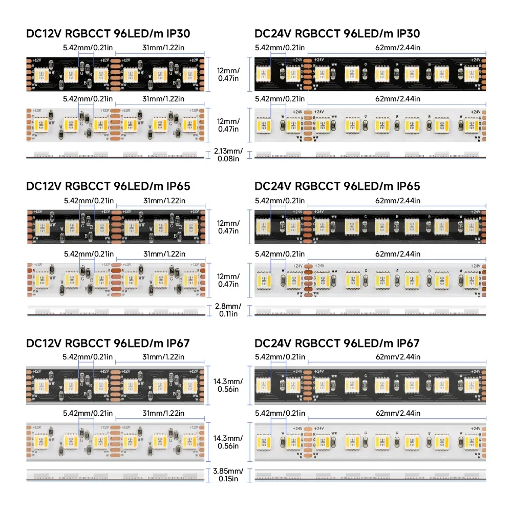 Ruban LED 5050 RGBCCT 5-en-1 (12V/24V) - 5m, 96 LED/m, 2700K-6500K, PCB Noir ou Blanc - Image 5