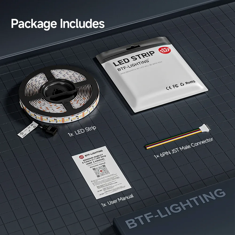 Ruban LED 5050 RGBCCT 5-en-1 (12V/24V) - 5m, 96 LED/m, 2700K-6500K, PCB Noir ou Blanc - Image 4