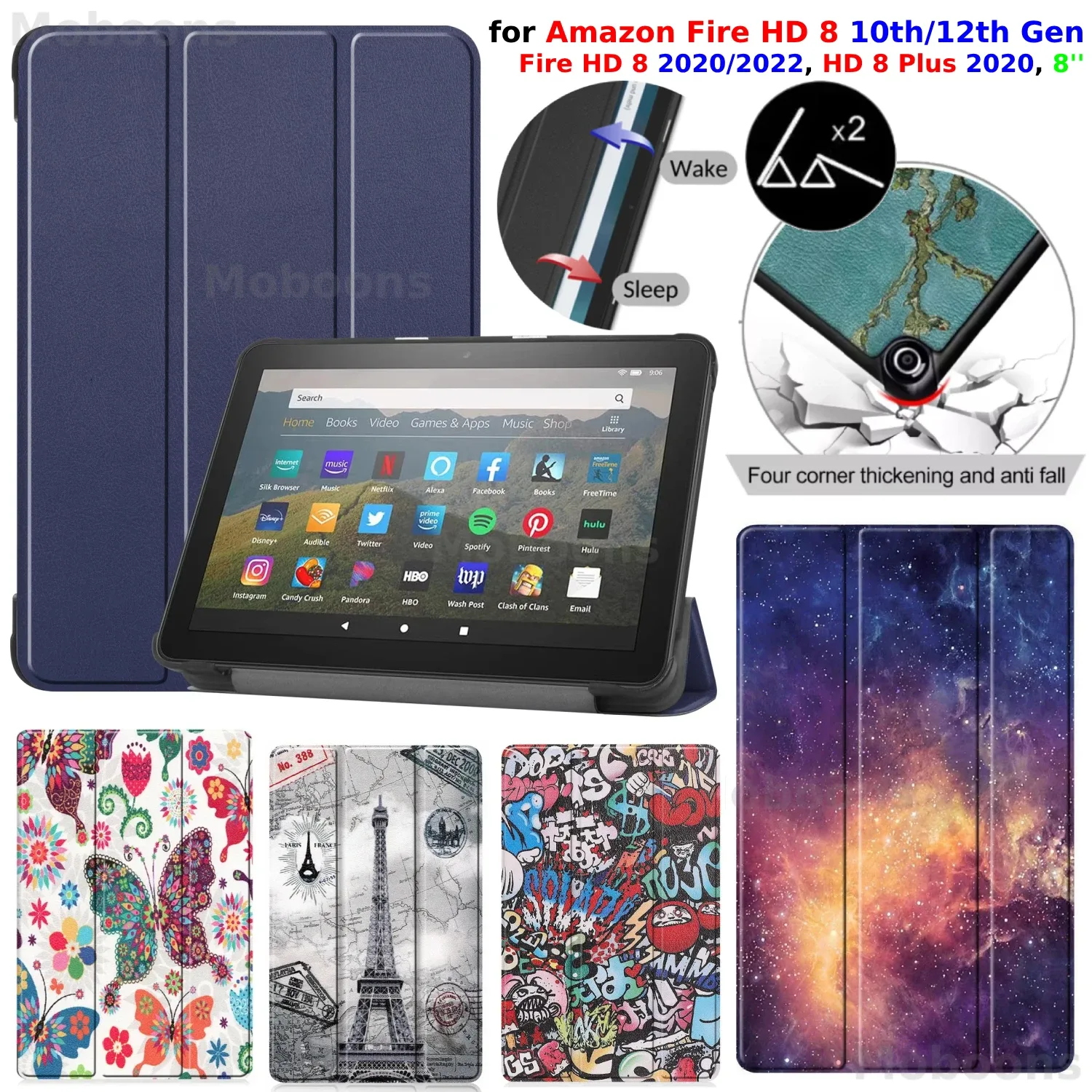 Étui en cuir PU pour Amazon Fire HD 8 et HD 8 Plus (10e et 12e générations, 2020/2022) avec support et fonction veille/réveil automatique - Image 1