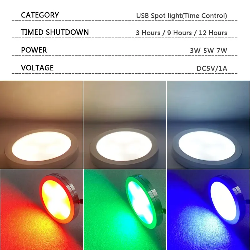 Mini spot LED USB sous meuble avec minuterie - Luminaire circulaire en saillie - Image 2
