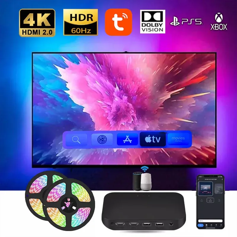 Kit de Rétroéclairage LED Ambiant pour TV 4K avec Boîtier de Synchronisation HDMI 2.0/2.1, WiFi, Compatible Alexa et Google Assistant - Image 1