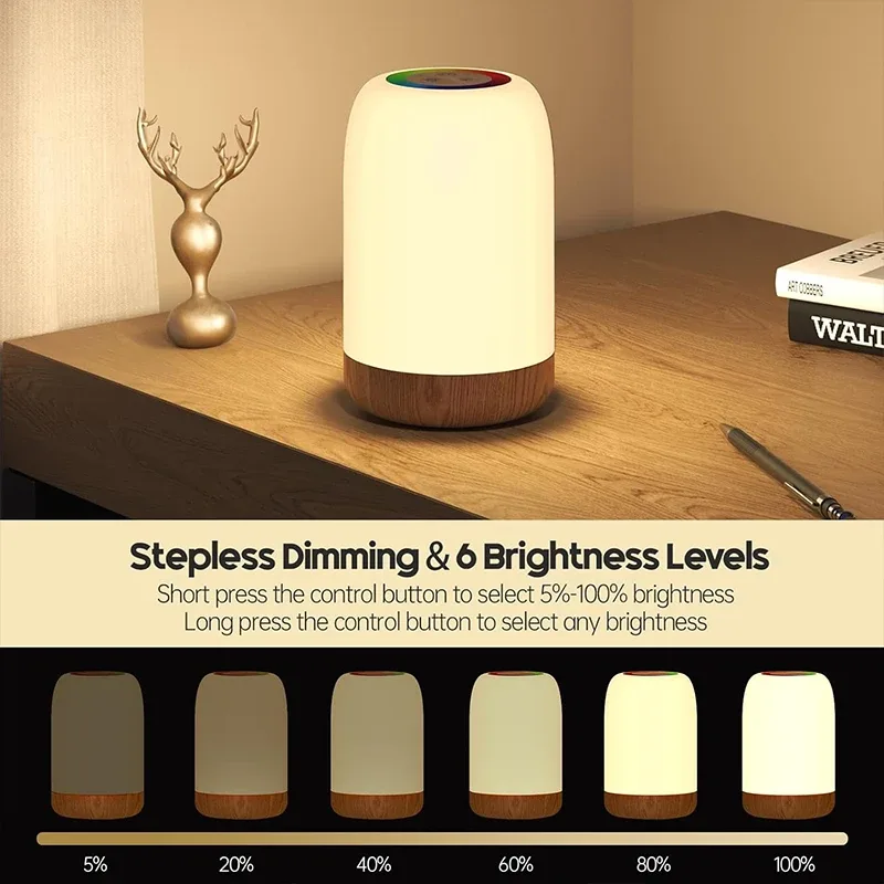 Lampe de table tactile LED effet bois, veilleuse RGB rechargeable avec minuterie - Image 2