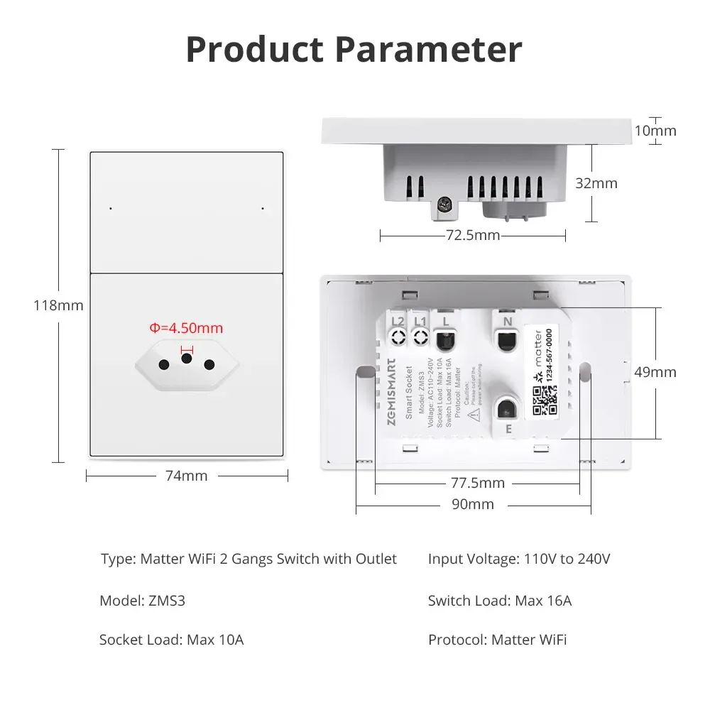Prise murale brésilienne et interrupteur 2 gangs Wi-Fi Zemismart (10A) - Compatible HomeKit, Google Home et Tuya - Image 6