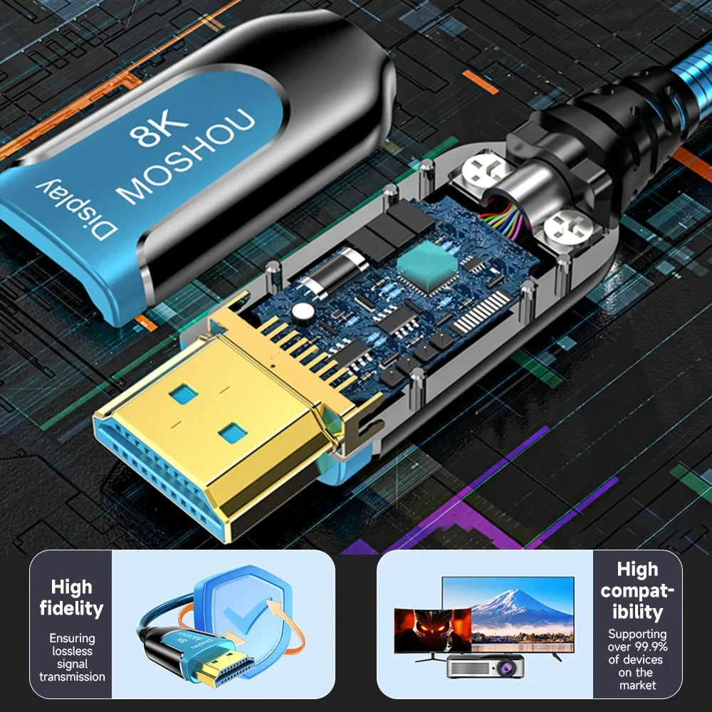 Câble HDMI 2.1 Fibre Optique MOSHOU - Ultra Haute Vitesse 48 Gbps, 8K 60Hz, 4K 120Hz, HDR Dynamique, eARC, HDCP 2.2 & 2.3 - Image 4