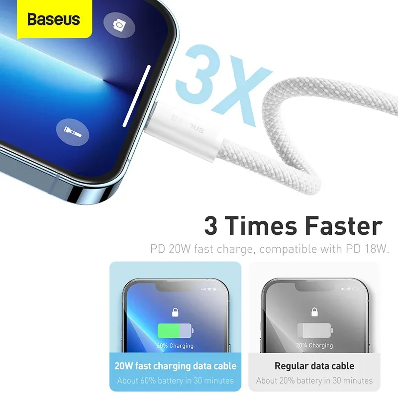 Câble Baseus USB-C vers Lightning PD 20W - Charge Rapide pour iPhone - Image 3