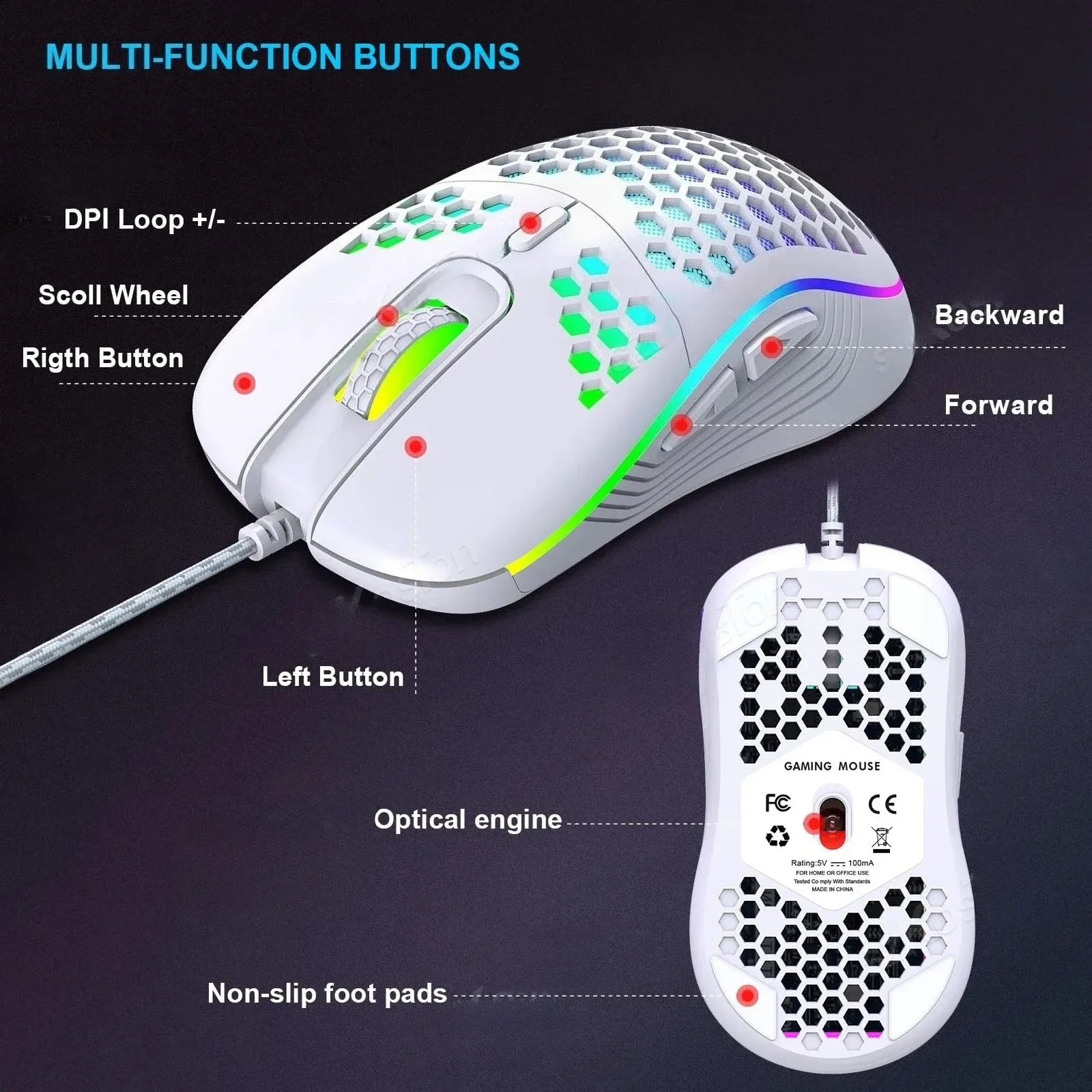 Souris Gaming Sans Fil (2,4 GHz) et Filaire - Rechargeable USB-C - Design Nid d'Abeille - RGB - Image 5