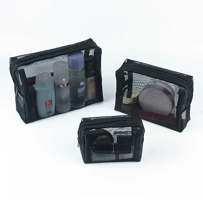 Trousse de maquillage en maille noire transparente, organisateur de toilette de voyage - Image 5