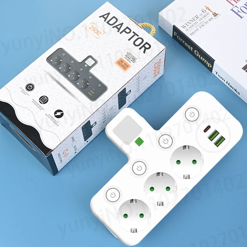Multiprise murale 6-en-1 avec 3 prises AC, 2 ports USB et 1 port USB-C 3