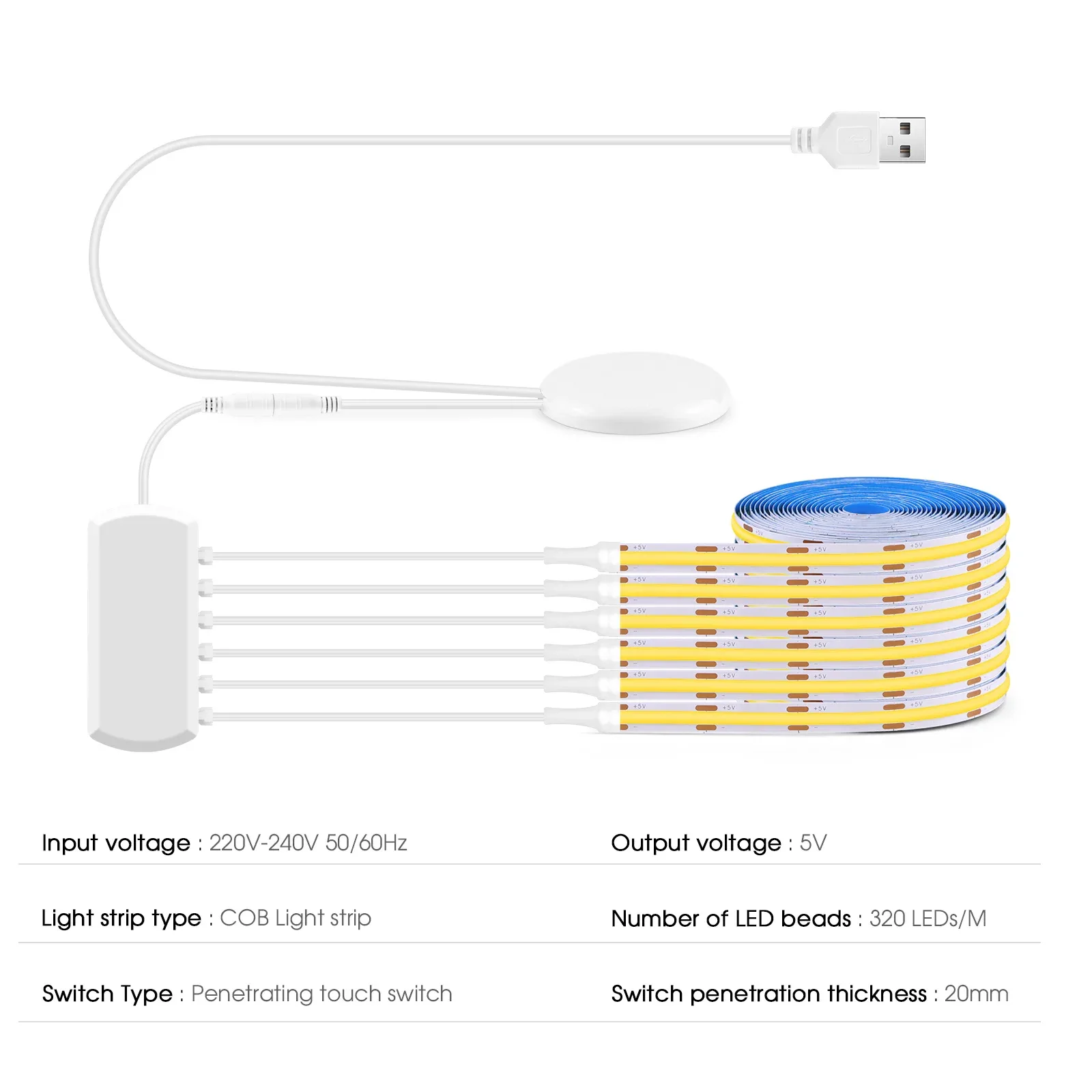 Kit Ruban LED COB USB 5V avec Variateur Tactile Invisible pour Cuisine et Placard 3