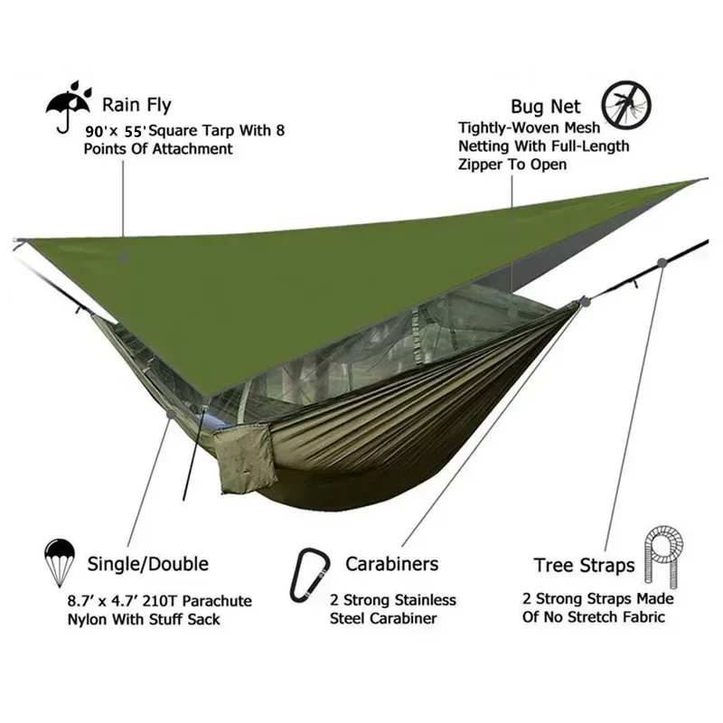 Hamac de camping avec moustiquaire, bâche de protection et sangles de fixation - Image 6