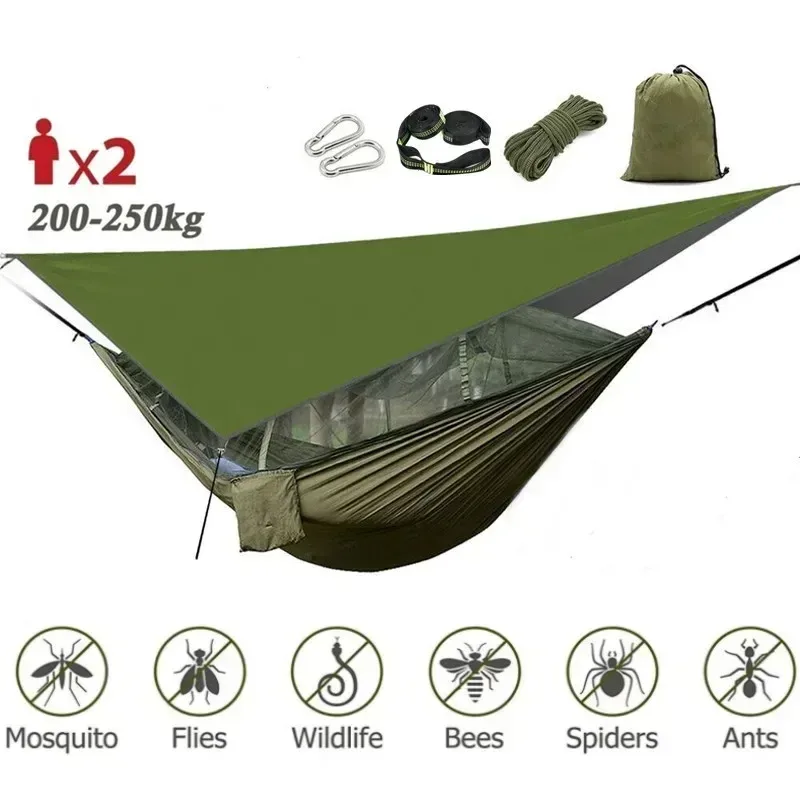Hamac de camping avec moustiquaire, bâche de protection et sangles de fixation - Image 1
