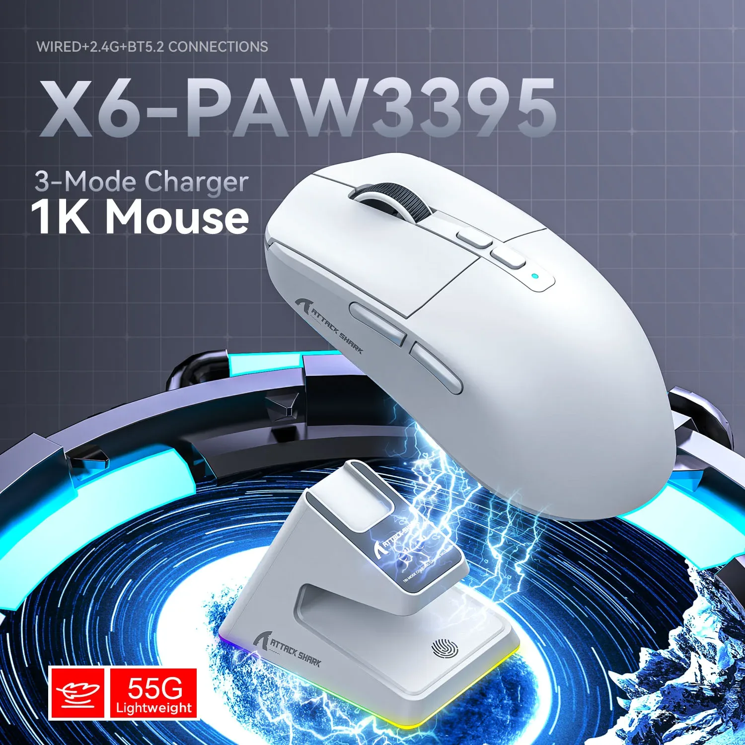 Souris Gamer X6 PAW3395 - Connexion Tri-mode avec Station de Charge Magnétique RGB - Image 2